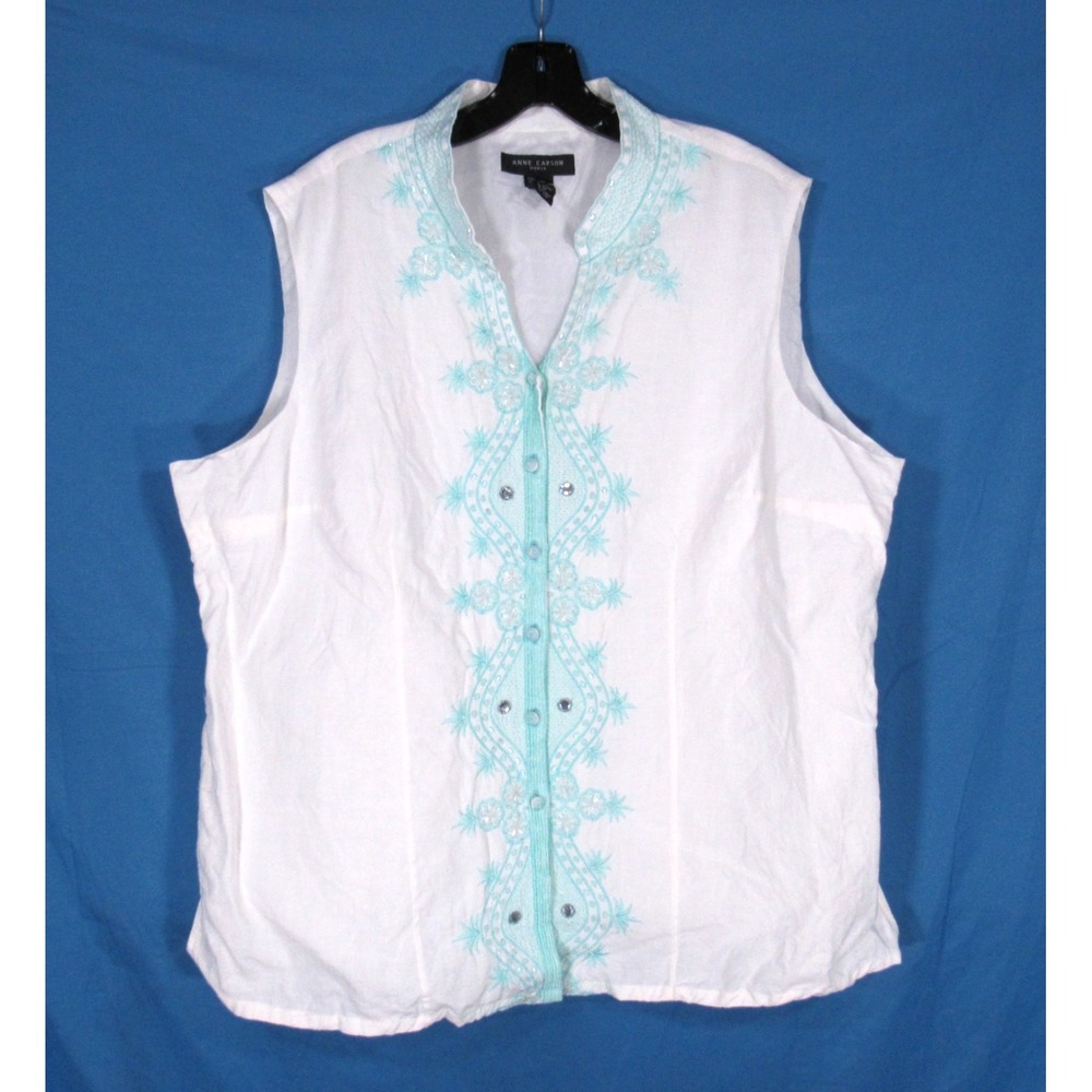 ANNE CARSON WOMAN Lined LINEN Sleeveless BEADED/STONES EMBROIDERED Blouse/Top 3X